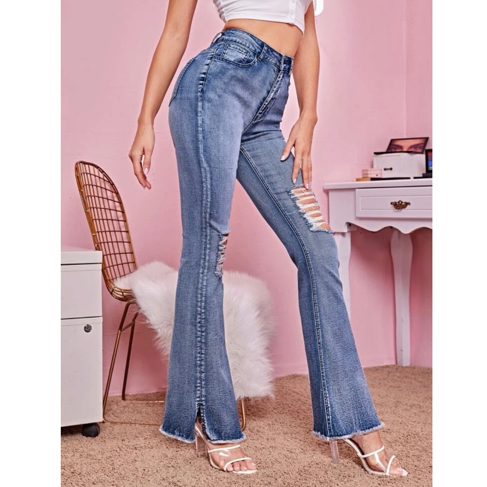 High Waist Ripped Raw Hem Flare Leg Jeans! - Picture 4 of 6